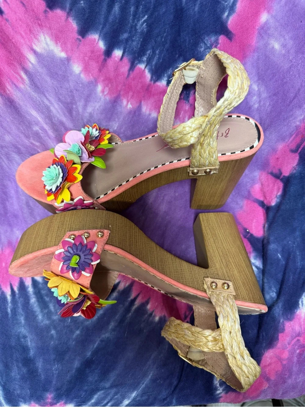 Betsey Johnson Coral Pink Floral Platform Sandals with Braided Ankle Strap